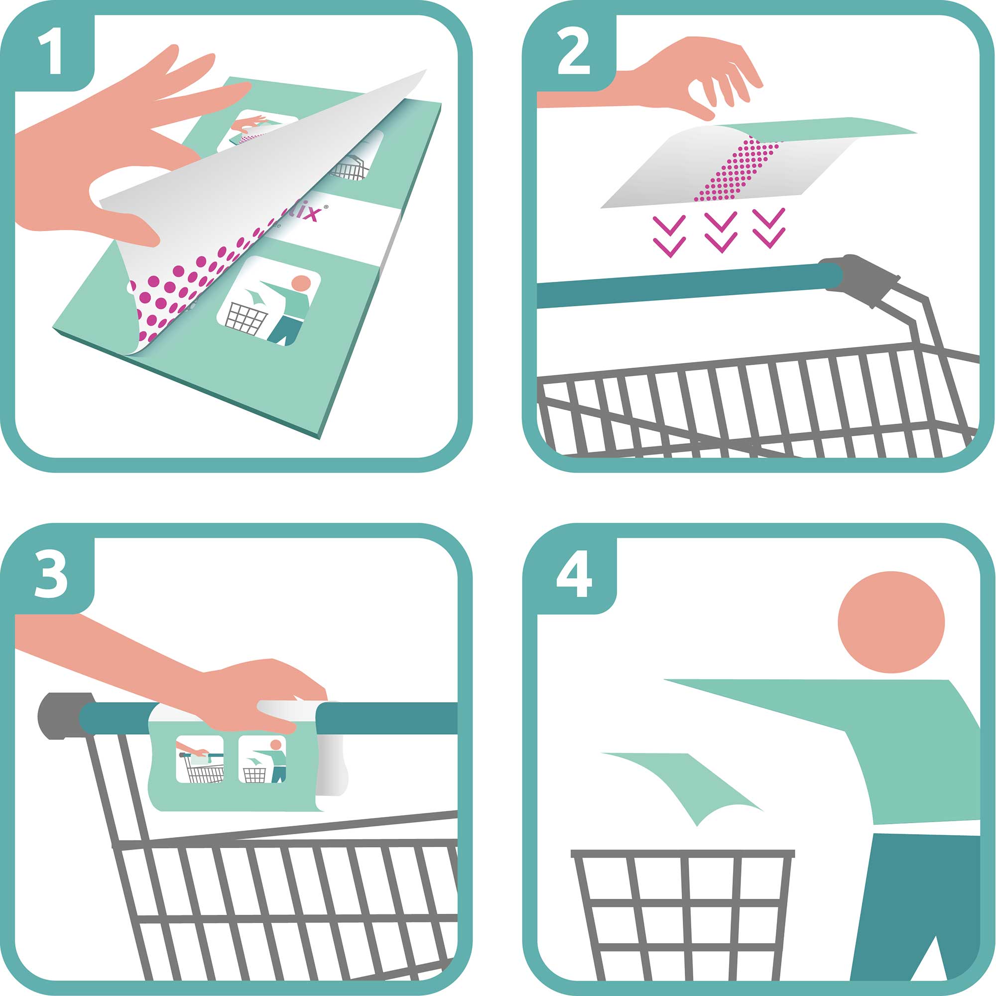 caddyflix ®, selbstklebender Hygieneschutz für Einkaufswagen (8 x 50 Blatt im Abreißblock)