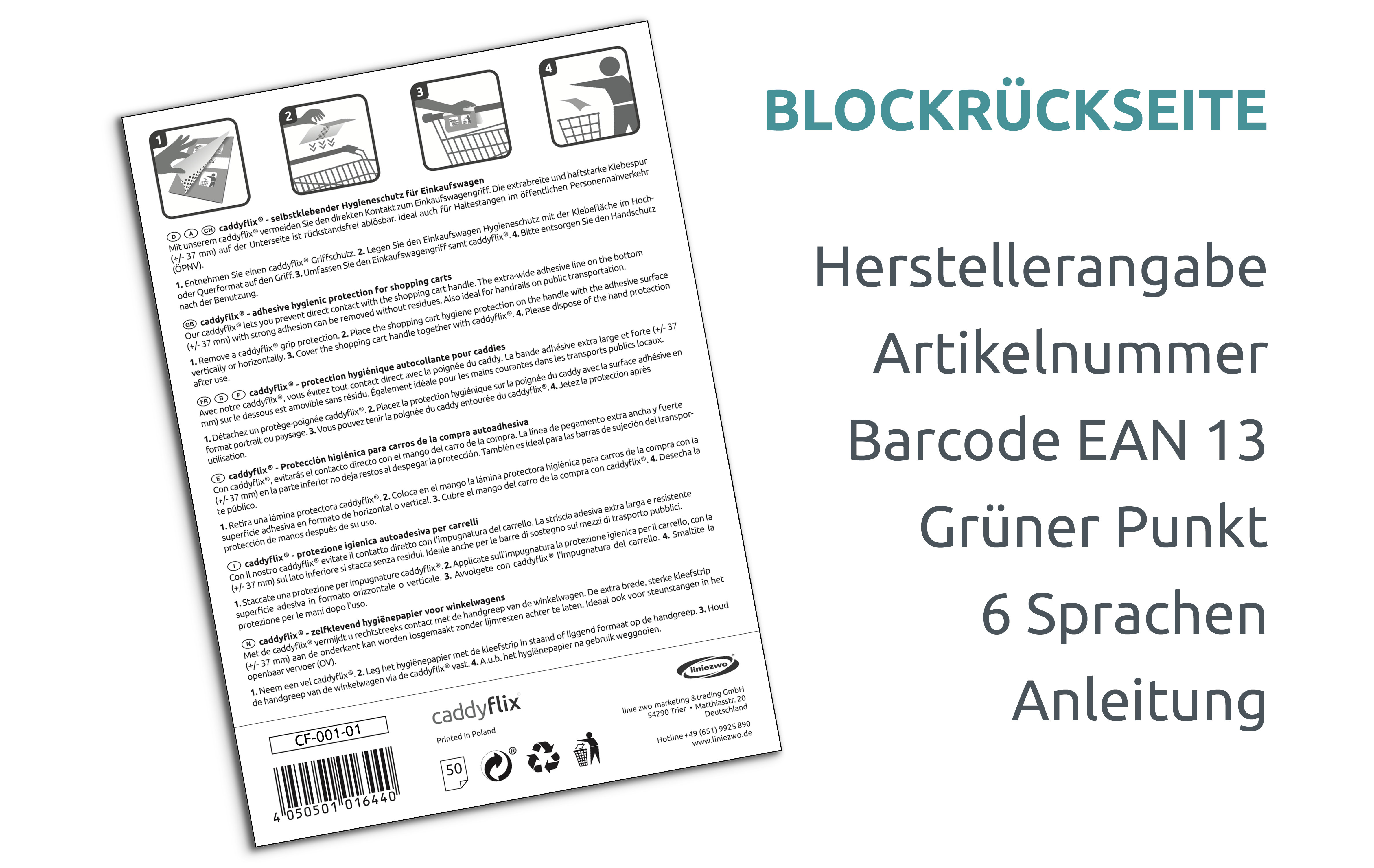 caddyflix ®, selbstklebender Hygieneschutz für Einkaufswagen (8 x 50 Blatt im Abreißblock)